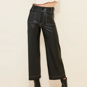 Maeve Colette Black Vegan Leather Wide-Leg Pants Top Stitch
